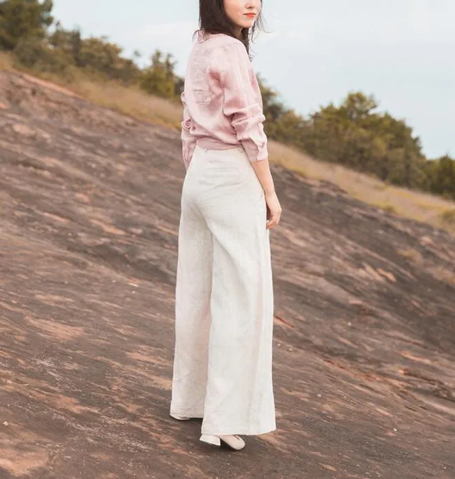 White Linen Wide Leg Women Casual Pants SJ97235