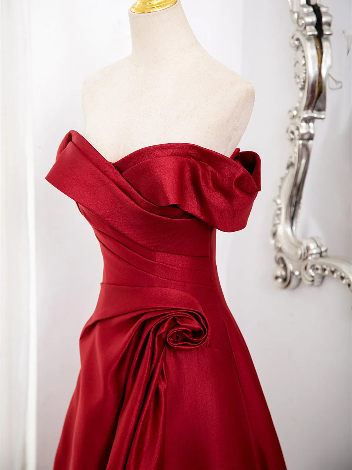 Wine Red Satin Sweetheart Off Shoulder Prom Dress, Wine Red Party Dress with Leg Slit