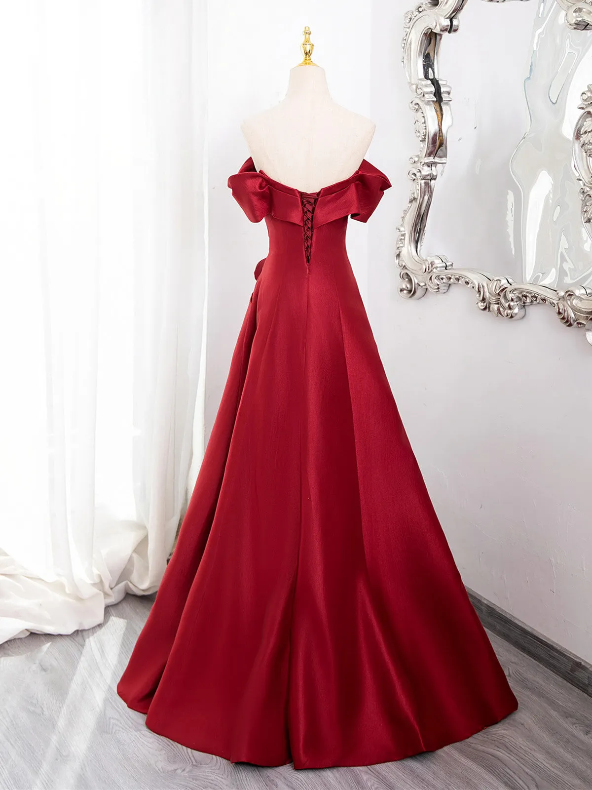 Wine Red Satin Sweetheart Off Shoulder Prom Dress, Wine Red Party Dress with Leg Slit