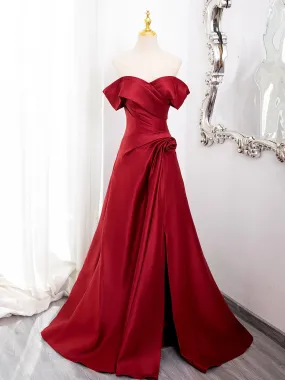 Wine Red Satin Sweetheart Off Shoulder Prom Dress, Wine Red Party Dress with Leg Slit