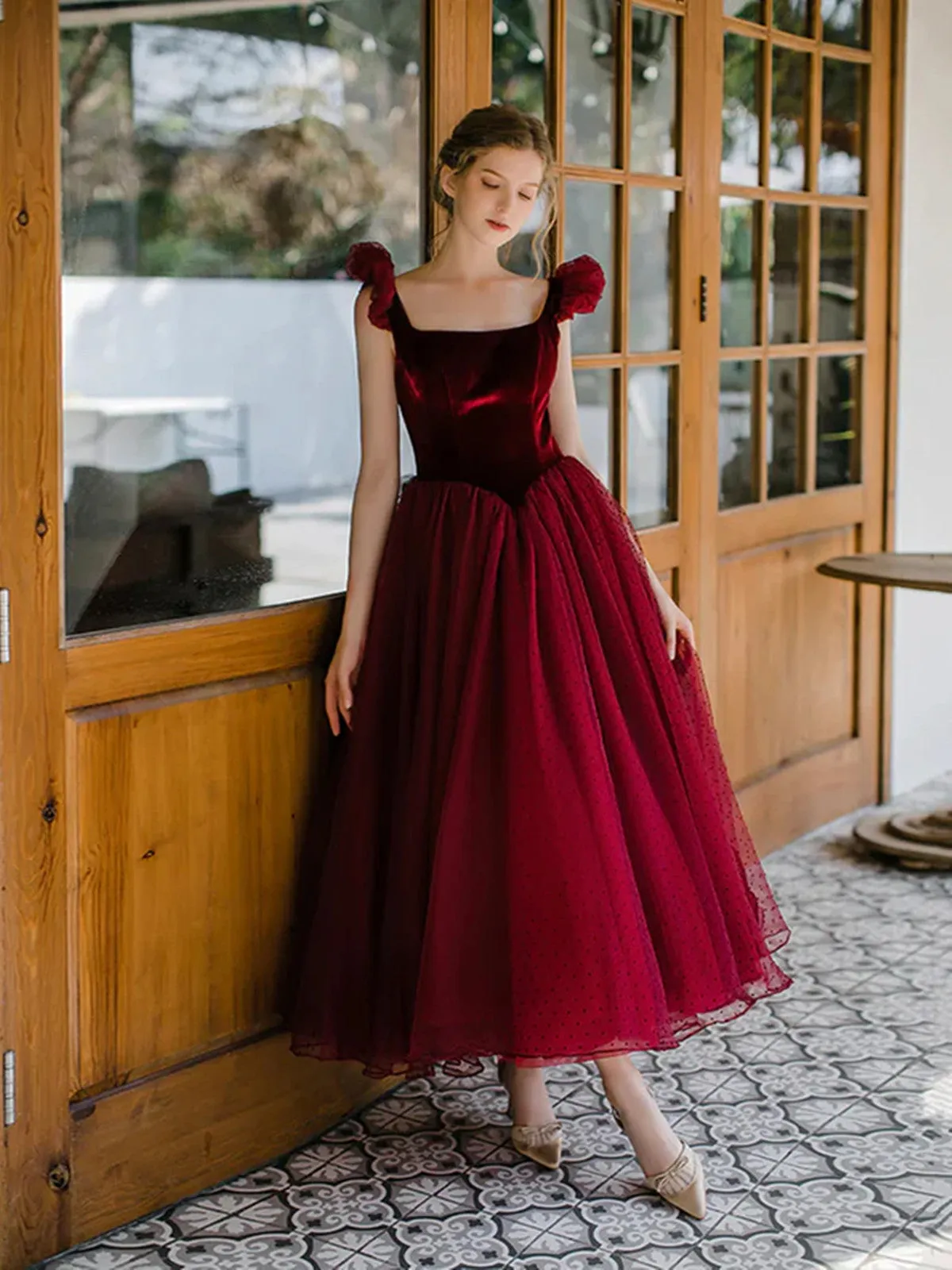 Wine Red Velvet and Tulle Low Back Party Dress, Wine Red Tea Length Prom Dress