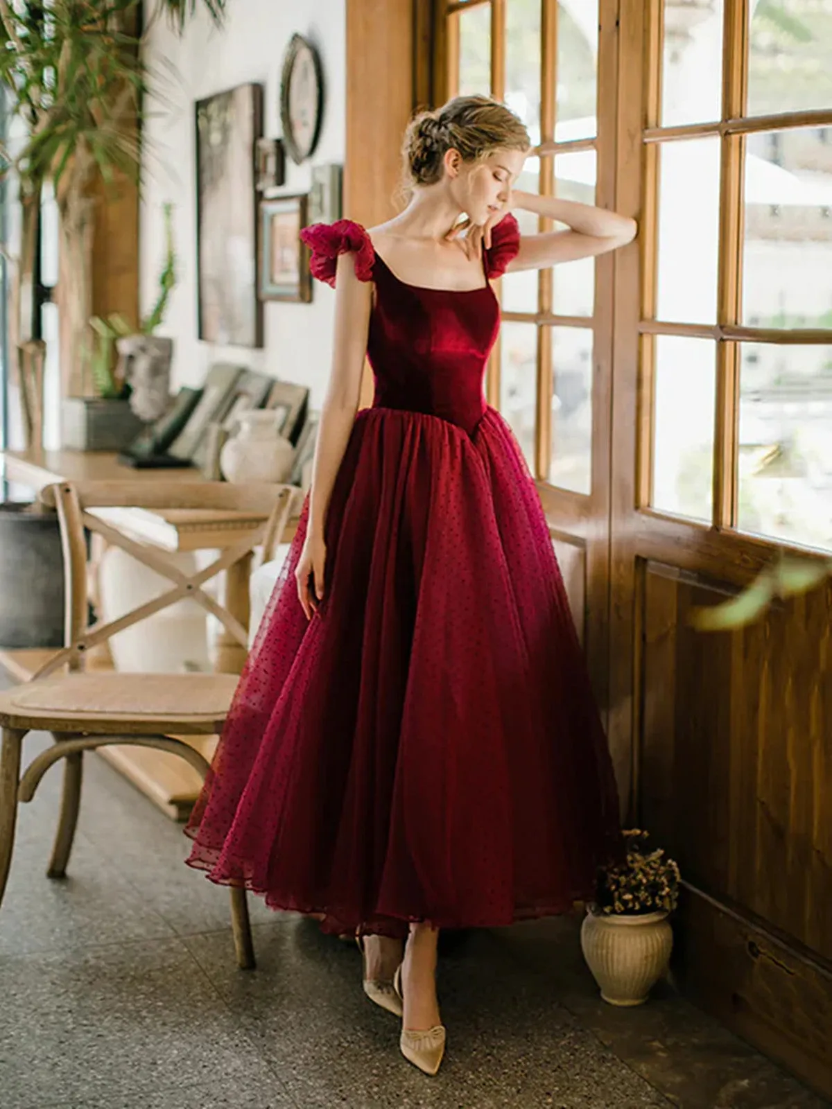 Wine Red Velvet and Tulle Low Back Party Dress, Wine Red Tea Length Prom Dress