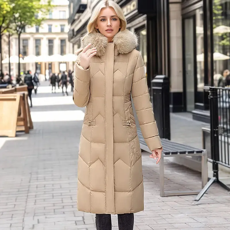 Winter Long Coat With Thickened Fur Collar Straight Slim Cotton-padded Jacket Women