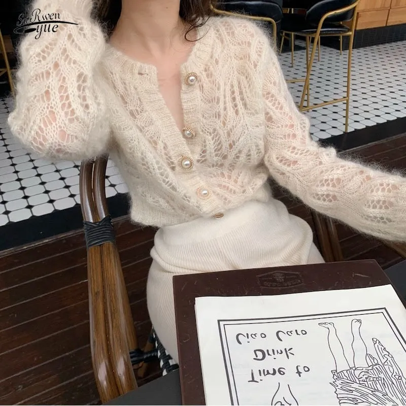 Wjczt 2022 new sweater autumn white openwork knitted cardigan french mohair coat sweater female air-conditioning suit 16179