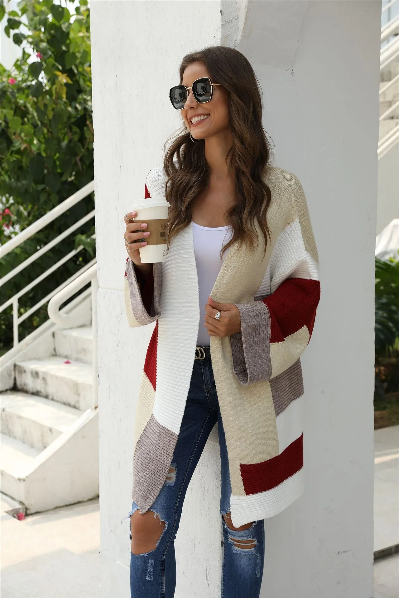 Wjczt Autumn Winter New Women's Cardigan Sweater Splicing Long Sweater Casual Street Coat Top Oversized Cardigan Knitted Cardigan Tops