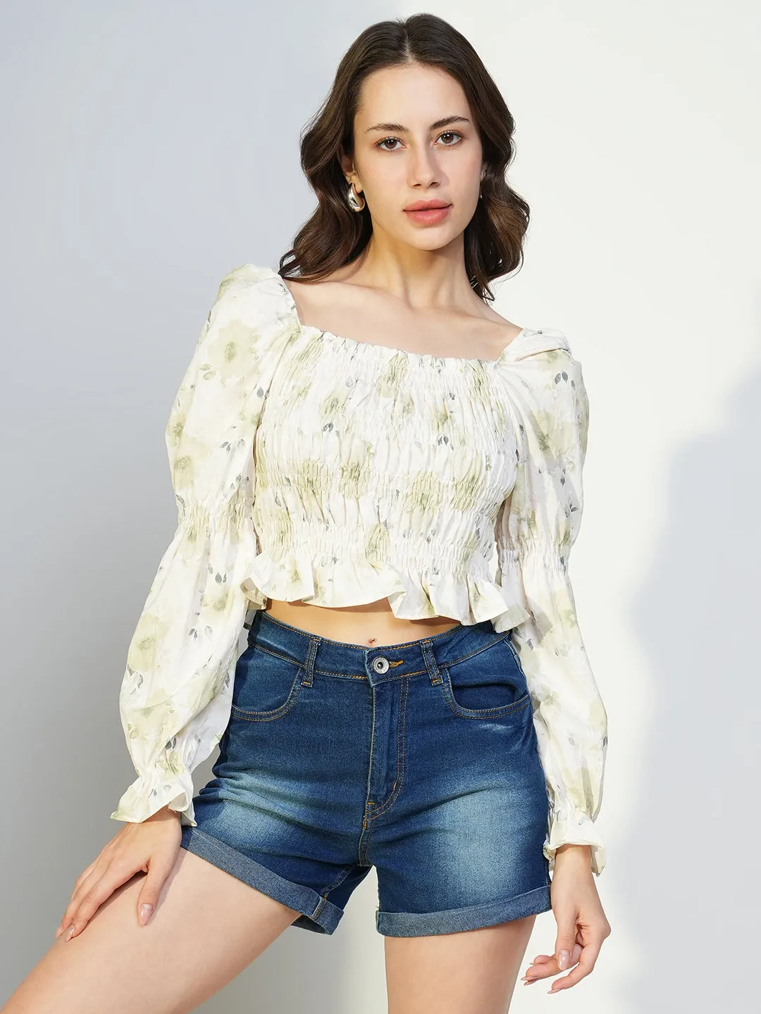 Women Green Floral Crop Top