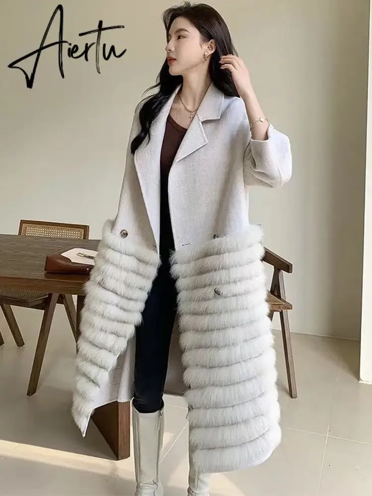 Women Real Fox Fur Collar Woolen Outerwear Female Autumn Long Oversize Loose Woolen Coat Beautiful Women's Clothes