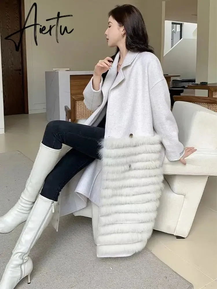 Women Real Fox Fur Collar Woolen Outerwear Female Autumn Long Oversize Loose Woolen Coat Beautiful Women's Clothes