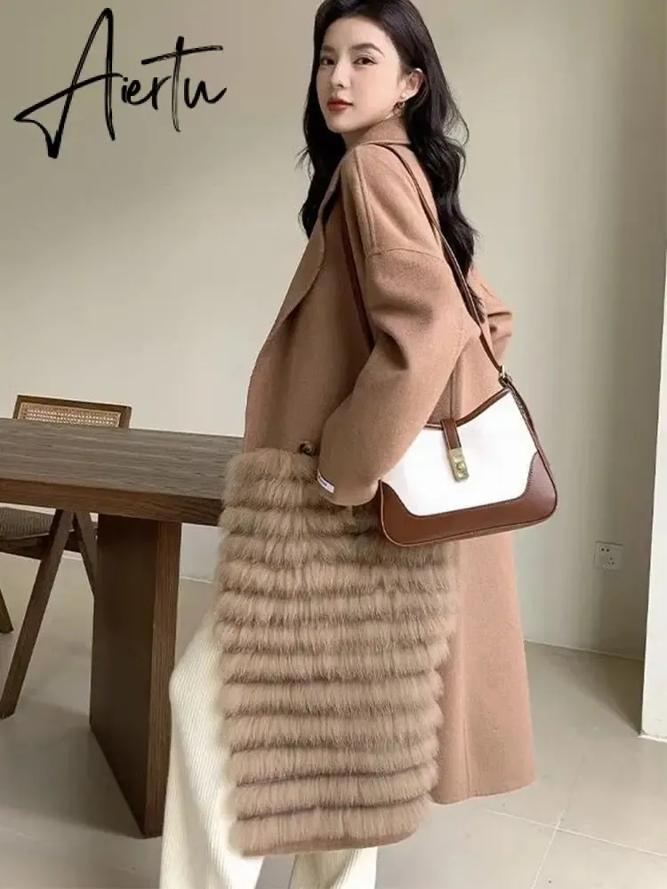 Women Real Fox Fur Collar Woolen Outerwear Female Autumn Long Oversize Loose Woolen Coat Beautiful Women's Clothes