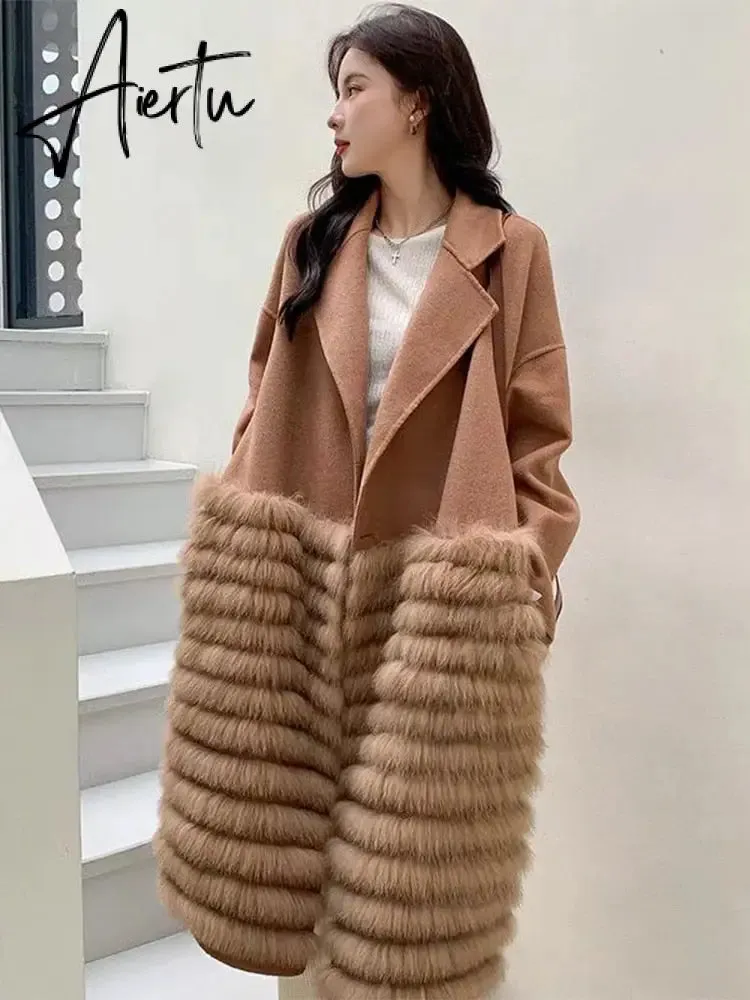 Women Real Fox Fur Collar Woolen Outerwear Female Autumn Long Oversize Loose Woolen Coat Beautiful Women's Clothes