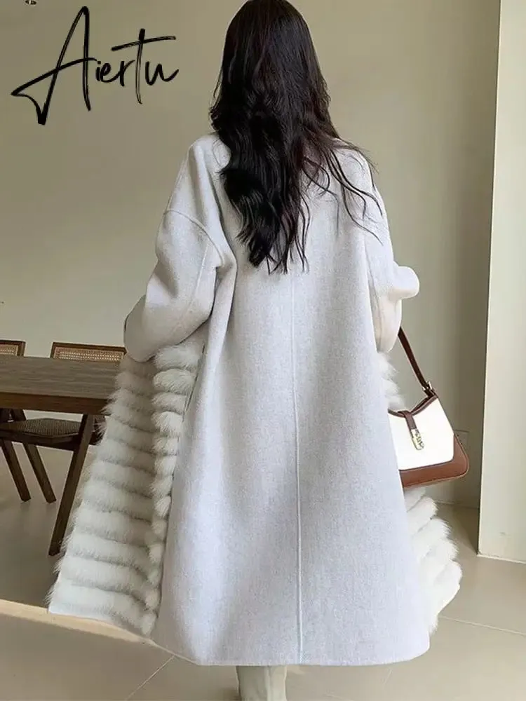 Women Real Fox Fur Collar Woolen Outerwear Female Autumn Long Oversize Loose Woolen Coat Beautiful Women's Clothes