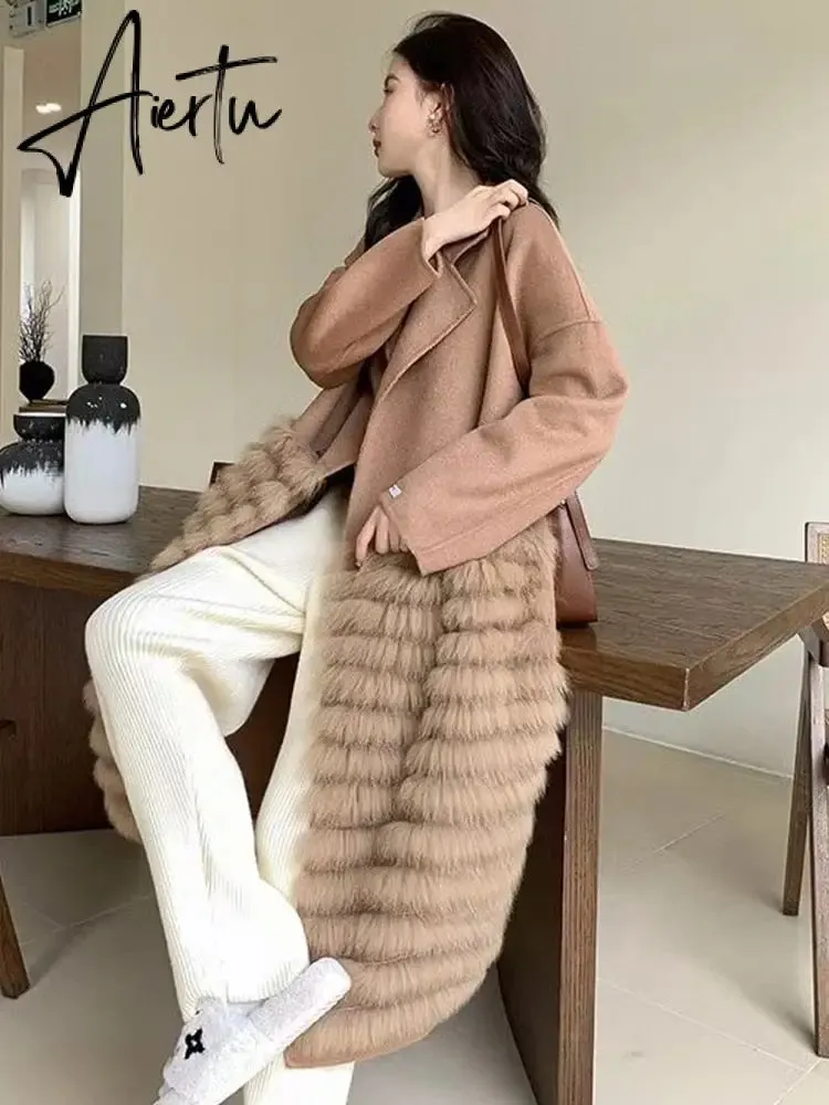 Women Real Fox Fur Collar Woolen Outerwear Female Autumn Long Oversize Loose Woolen Coat Beautiful Women's Clothes