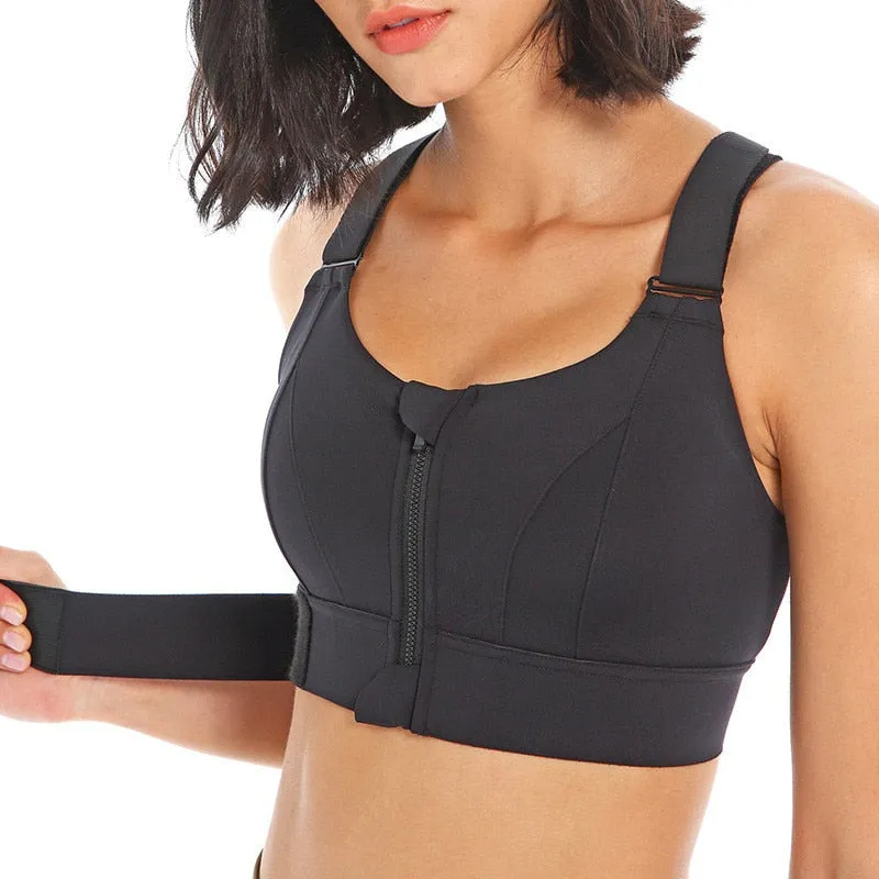 Womens Front Zipper Adjustable Strap Shockproof Gym Fitness Athletic Brassiere / Crop Top / Yoga Vest