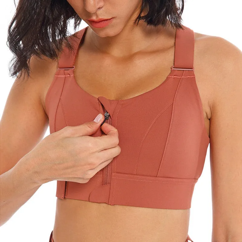 Womens Front Zipper Adjustable Strap Shockproof Gym Fitness Athletic Brassiere / Crop Top / Yoga Vest