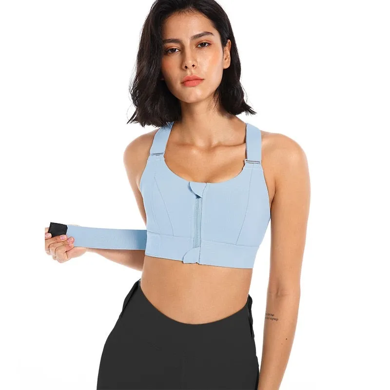 Womens Front Zipper Adjustable Strap Shockproof Gym Fitness Athletic Brassiere / Crop Top / Yoga Vest