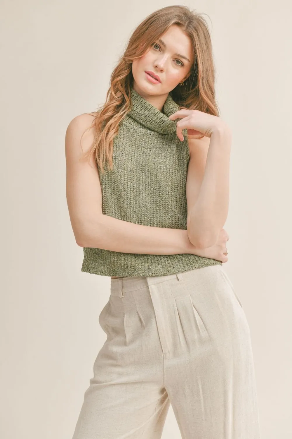 Women's Knit Sleeveless Turtleneck Tank | Sadie & Sage | Olive Green