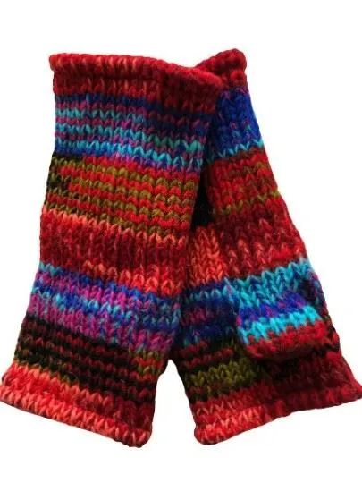 Wool Knit Fleece Lined  Wrist Warmers - SD Multi Red Blue