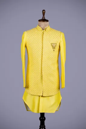 Yellow Raw Silk Nehru Jacket Set with Lakhnavi Work