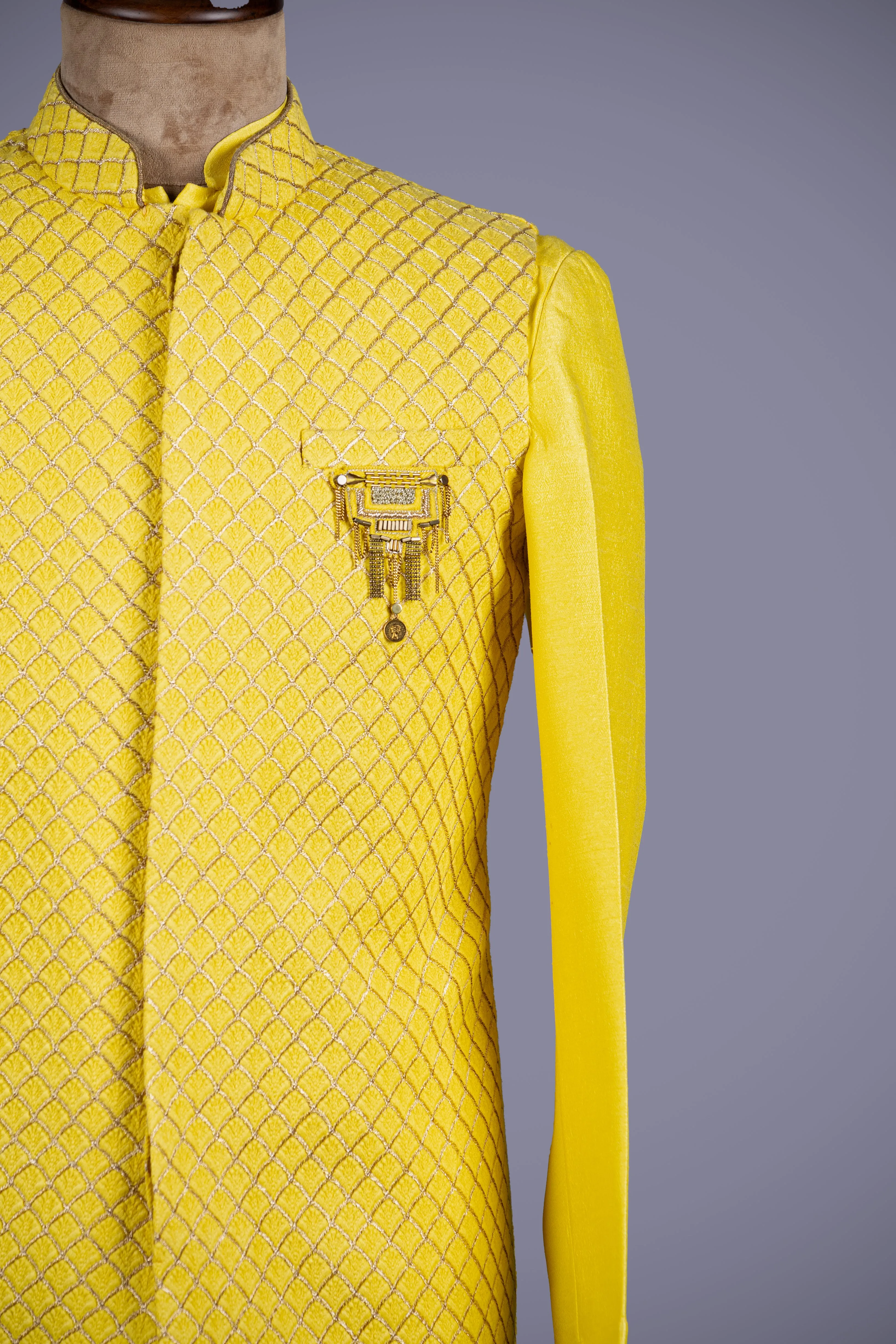 Yellow Raw Silk Nehru Jacket Set with Lakhnavi Work