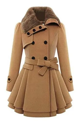 Zeagoo Women Long Sleeve Faux Fur Lapel Double-Breasted Thick Wool Coat, Small, Camel, Camel, Small